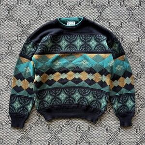 Vintage London Fog Sweater Mens‎ Medium Multicolor Geometric Argyle Wool Blend